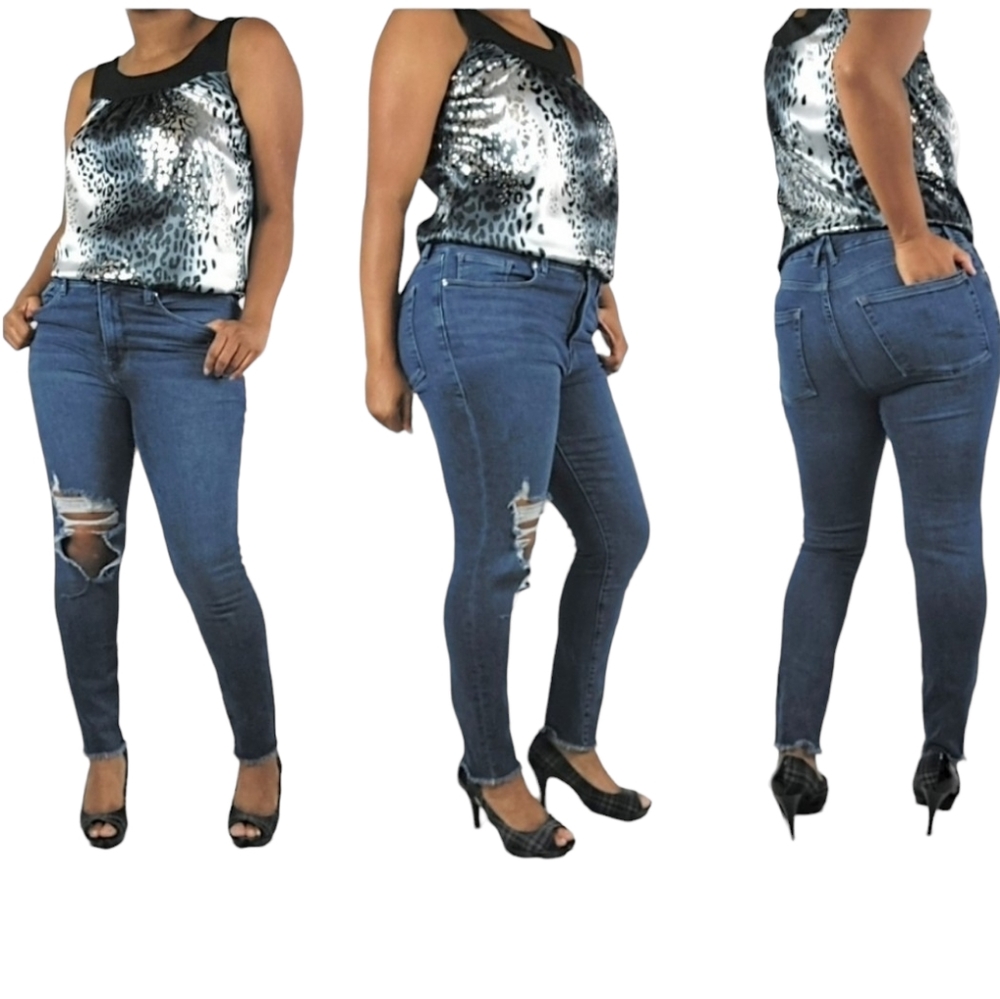 Good American Busted Knee Raw Hem Stretch Jeans